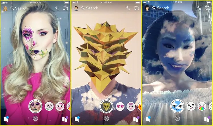 A picture of some Snapchat face filters being used.